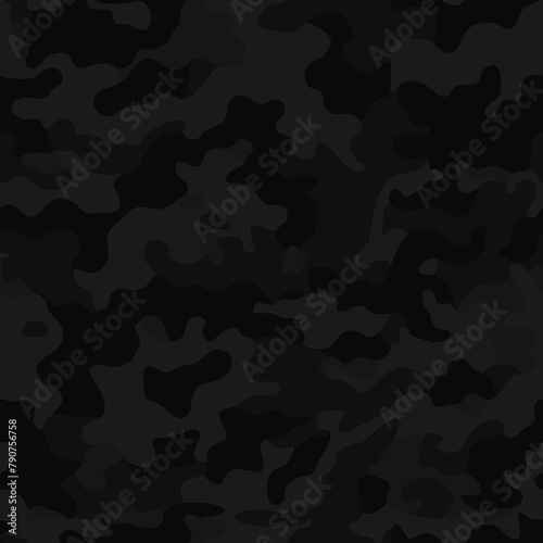  Camouflage black pattern seamless background, vector illustration, fashionable urban print, night camouflage texture