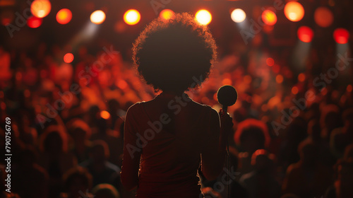 A confident black woman with an afro standing on stage in front of the crowd holding microphone, back view