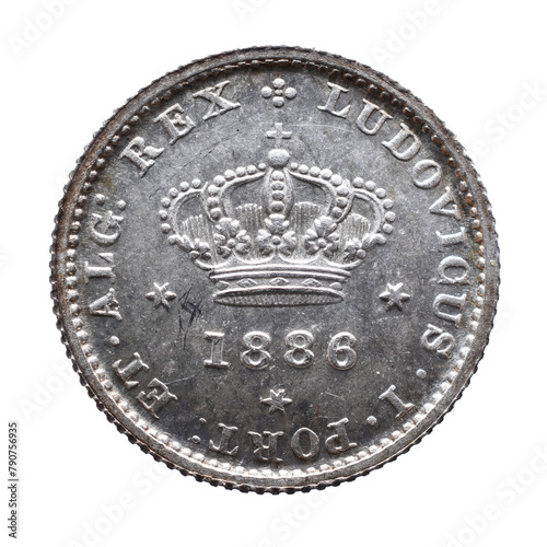 Portuguese silver coin of 50 Reis from the reign of Luiz I. Crown with the year 1886 below