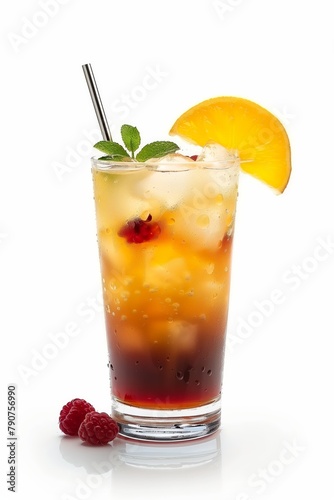 A glass of orange and red drink with a straw in it