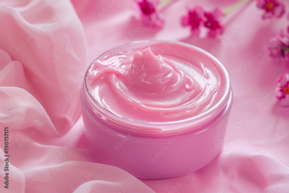 A small pink container of lotion sits on a wooden table A small pink container of lotion sits on a wooden table