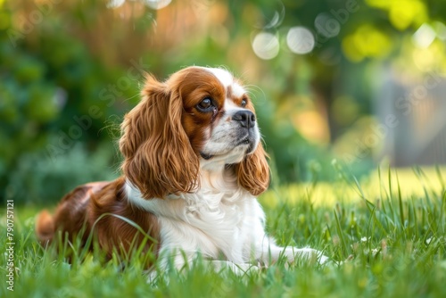 Cavalier King Charles Spaniel Outdoors: Purebred Dog Playing in Grass and Garden Nature Scene
