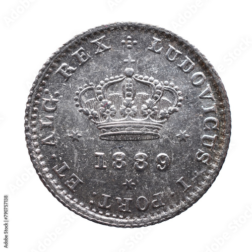 Portuguese silver coin of 50 Reis from the reign of Luiz I. Crown with the year 1889 below