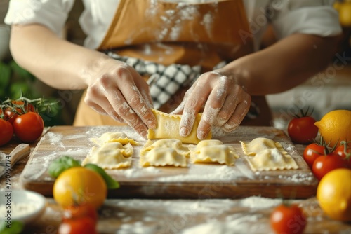 Chef Making Ravioli on Wooden Board: Delicious Cookery Background with Closeup of Cut Pasta Dough in Bowl