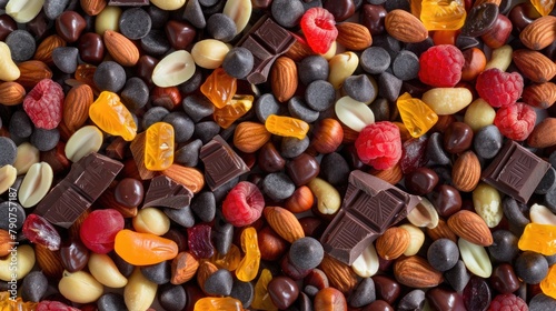 Chocolate Nut Trail Mix with Peanuts and Almonds on Colorful Fruit Background