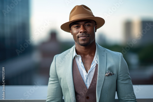 Suave African-American Man in Beige Fedora and Mint Blazer with Cityscape Background © Lucy Welch