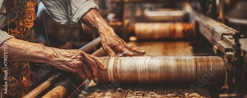 Artisan hands skillfully working on a colorful textile on a traditional wooden loom, demonstrating craftsmanship photo