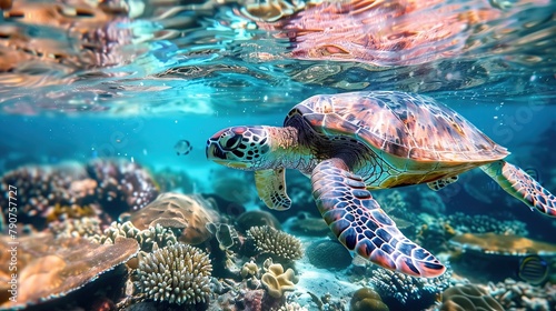 turtle swimming underwater in the underwater world Really colorful