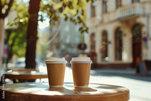 Two cups of coffee sit on a table outside photo