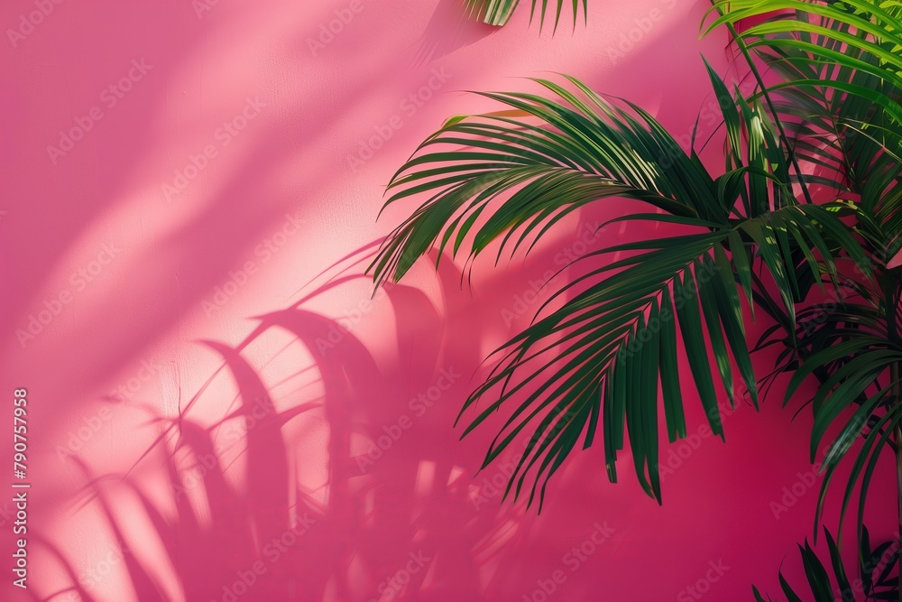 A pink wall with a green leafy plant on it