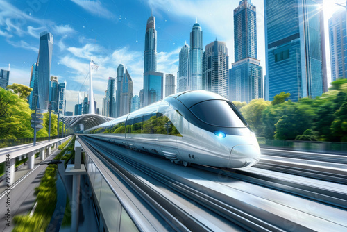 A high speed futuristic bullet train passing through a city © grey