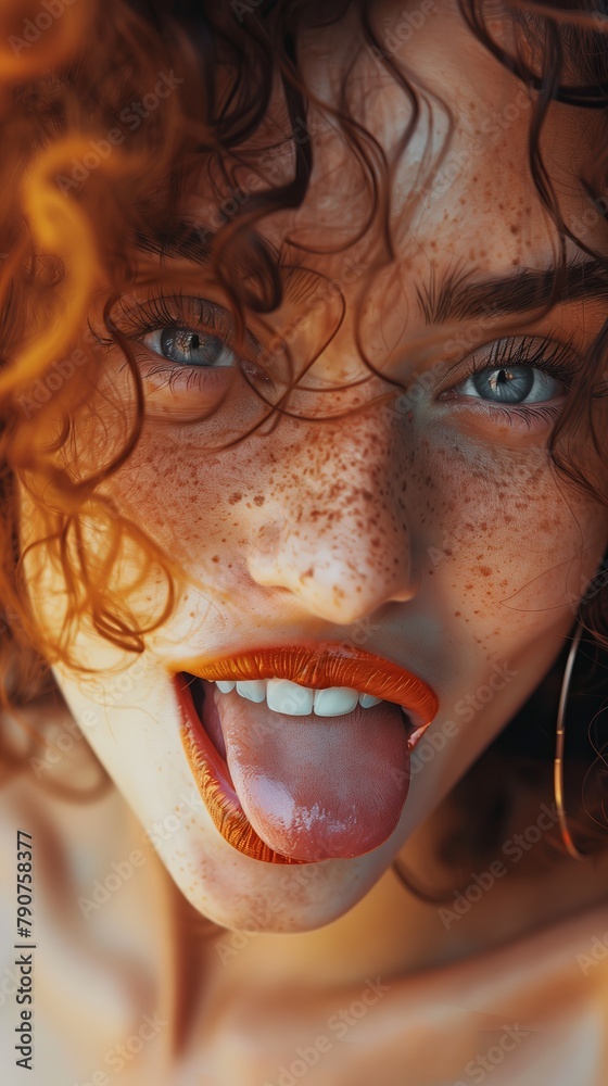 Fototapeta premium Close-up portrait of a cut-up girl with curled hair and freckles, showing tongue