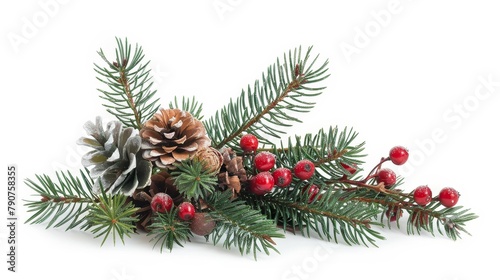 Beautiful Christmas scene with fir branches, berries, and fir cone on an isolated white background, studio lighting enhances the festive mood