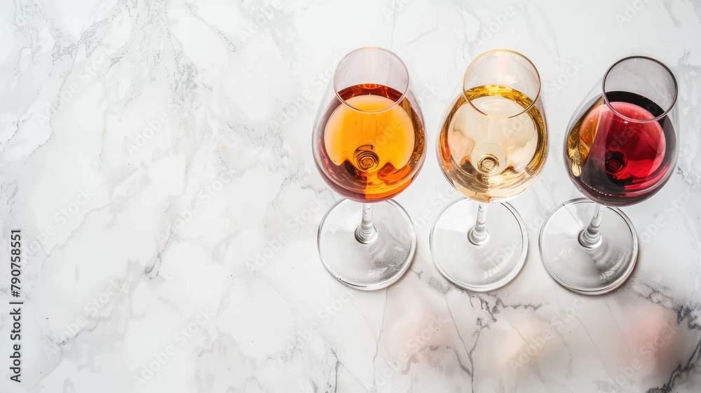 Three glasses of wine, with red, white, and rose wine on marble surface Three glasses of wine, with red, white, and rose wine on marble surface
