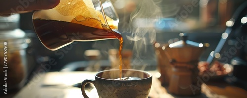 Capturing the motion of hot coffee being poured into a cup, with a splash and droplets suspended in the air