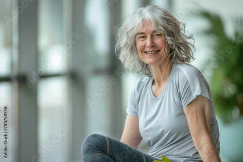 A woman with gray hair is sitting in a room with a plant behind her