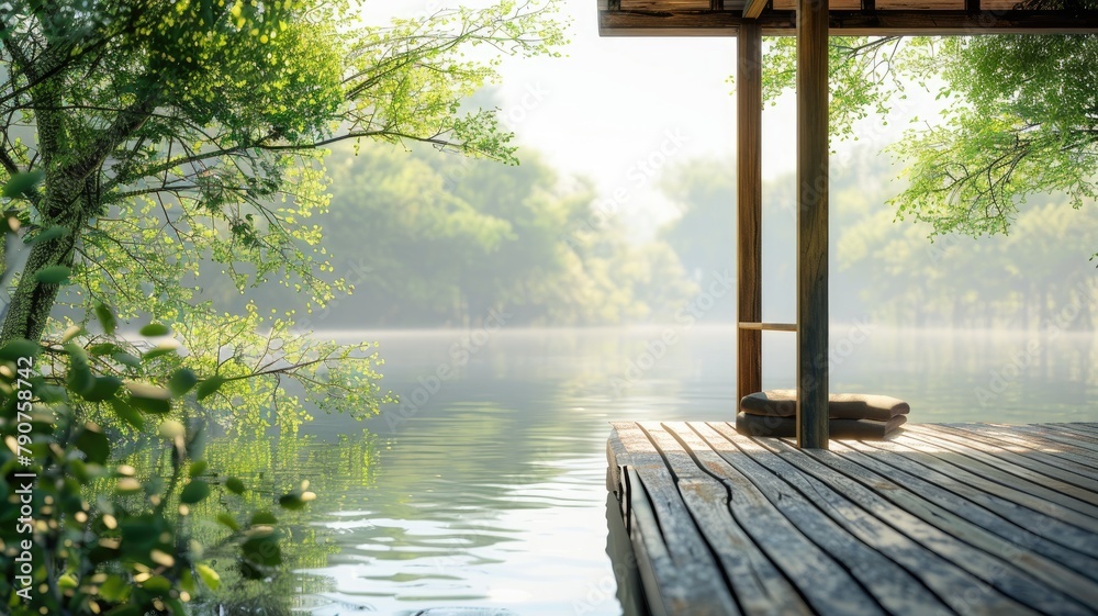 Obraz premium Serene lakeside wooden pier with gentle sunlight and lush foliage