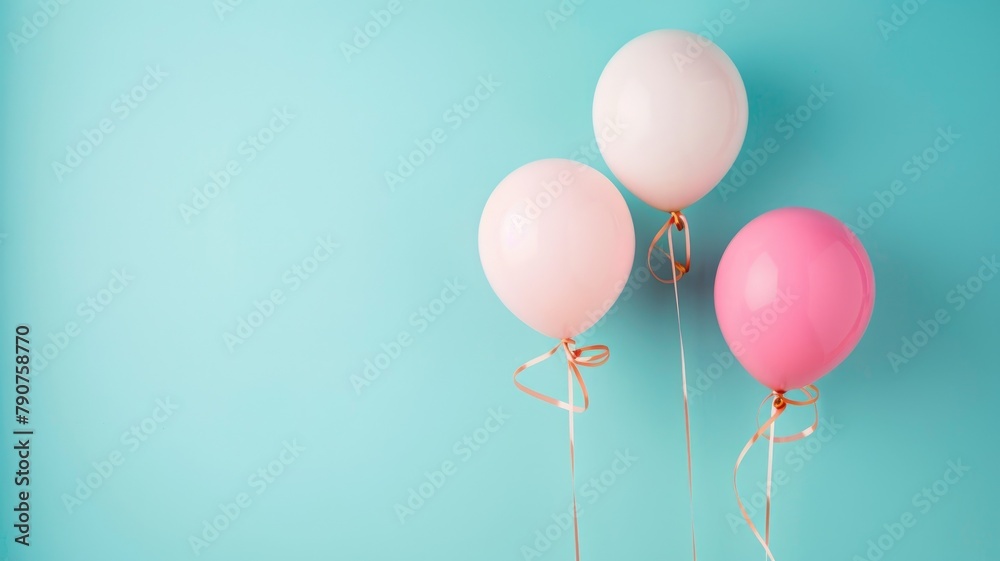 Three pastel-colored balloons against light blue background Three pastel-colored balloons against light blue background