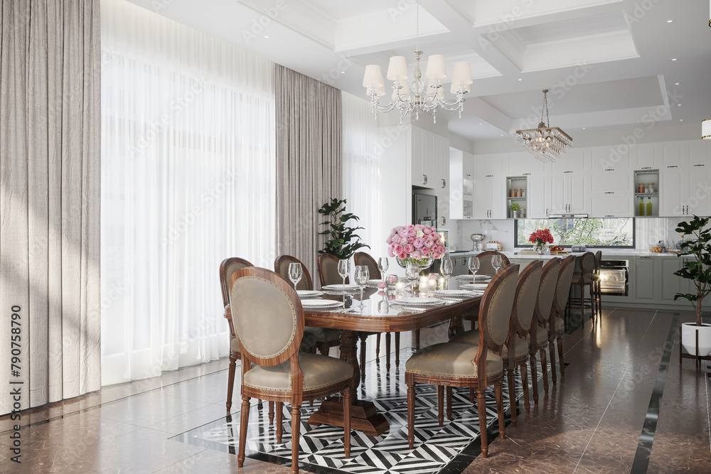 spacious dining room design next to the modern kitchen, with a beautiful dining table