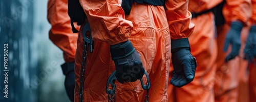 Mans in orange jumpsuits with handcuffs and shackles, photo