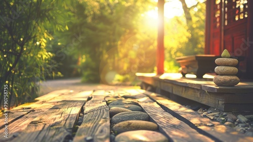 Zen stones on wooden planks in serene garden at sunset photo