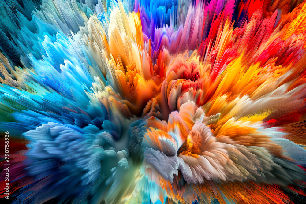 Fototapeta premium Colorful blue red orange yellow green dynamic explosion, vibrant spectrum art, bright vivid graphic background