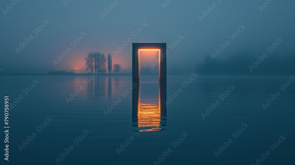 Illuminated Portal Doorway on Tranquil Waters Under Night's Veil
