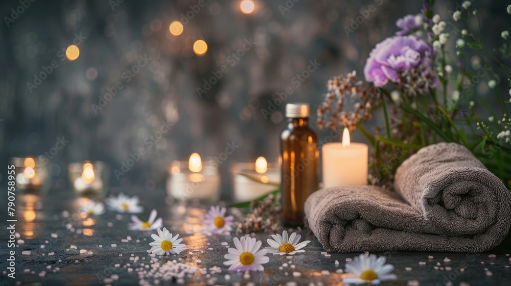 Serene spa setting with flowers, candles, and essential oils - obrazy, fototapety, plakaty 