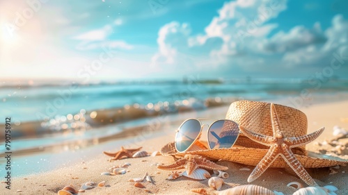 Beach scene with hat, sunglasses, starfish, and seashells at sunset
