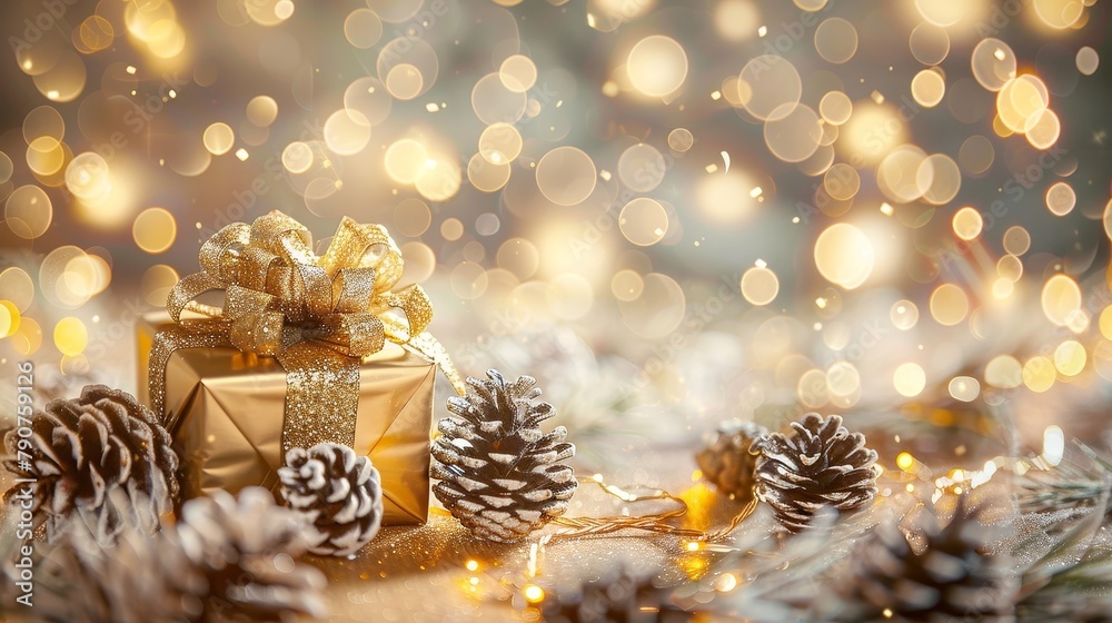 Holiday composition with sparkling fir cones and golden lights softly blurred in the background, highlighting a central golden gift box, all against a clean pastel base.