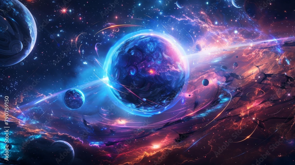 Obraz premium A vibrant depiction of a swirling blue planet amidst a dynamic galaxy backdrop