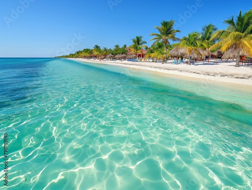 A beautiful beach with clear blue water and palm trees