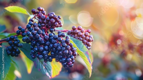 Closeup of Ripe Elderberry Bunch on Tree Branch in Autumn Background. Botanical Shot of Black Berry with Vitamin Properties