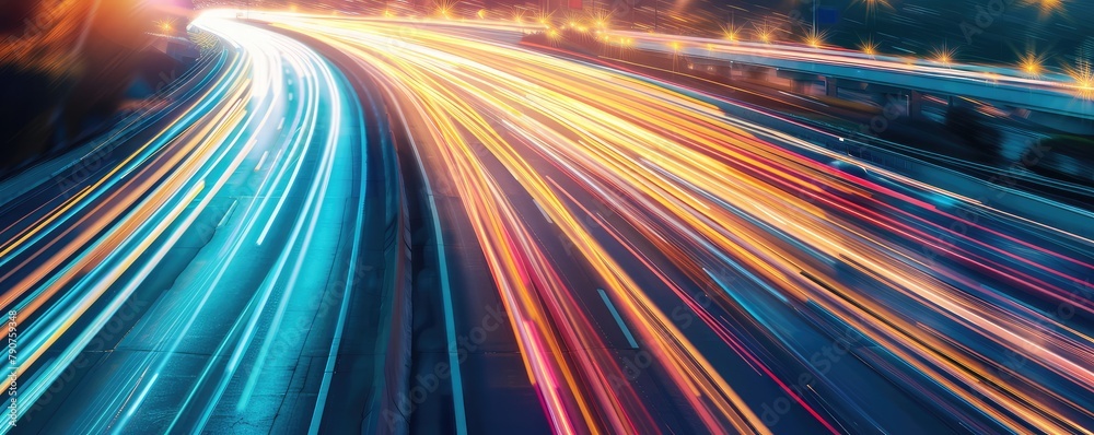 A vibrant long-exposure shot capturing the dynamic light trails of vehicles on a busy highway at dusk or dawn A vibrant long-exposure shot capturing the dynamic light trails of vehicles on a busy highway at dusk or dawn