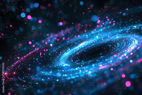 Vibrant blue neon galaxy with pink glowing stars. Mesmerizing abstract art on black background.