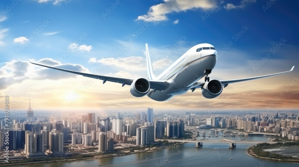 View from airplane window on the wing with modern city on background. Flying and travel concept. View from airplane window on the wing with modern city on background. Flying and travel concept.