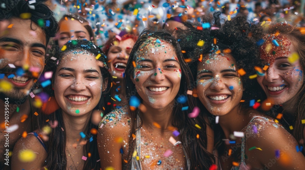 A group of individuals standing shoulder to shoulder, with colorful confetti stuck to their faces and clothing, likely from a party or festival A group of individuals standing shoulder to shoulder, with colorful confetti stuck to their faces and clothing, likely from a party or festival