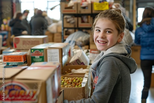 Young Girl Standing in Front of Boxes of Food photo