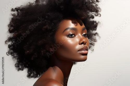 Photo of a 30-year-old black woman for a beauty magazine with fresh, clear skin against a white background