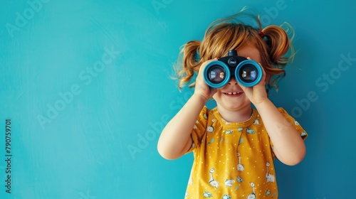 Happy child with Binoculars on blue background, Look to future concept.