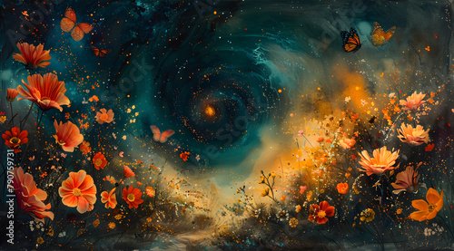 Celestial Refuge: Mystical Watercolor Scene of Butterflies Fleeing Black Hole