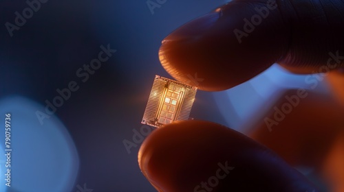 Fingers of a man holding a glowing transparent chip implant under wet photography on a dark blue background