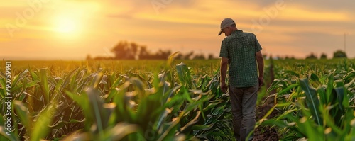 Warm golden hour image of a farmer reading a paper in a cornfield, conveying rural life and agriculture.