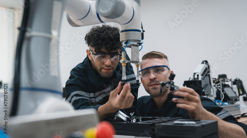 Engineering student assembling a robotic arm using a computer in a technology workshop. Service engineer holding a robot controller and inspecting the robotic arm's welding hardware.