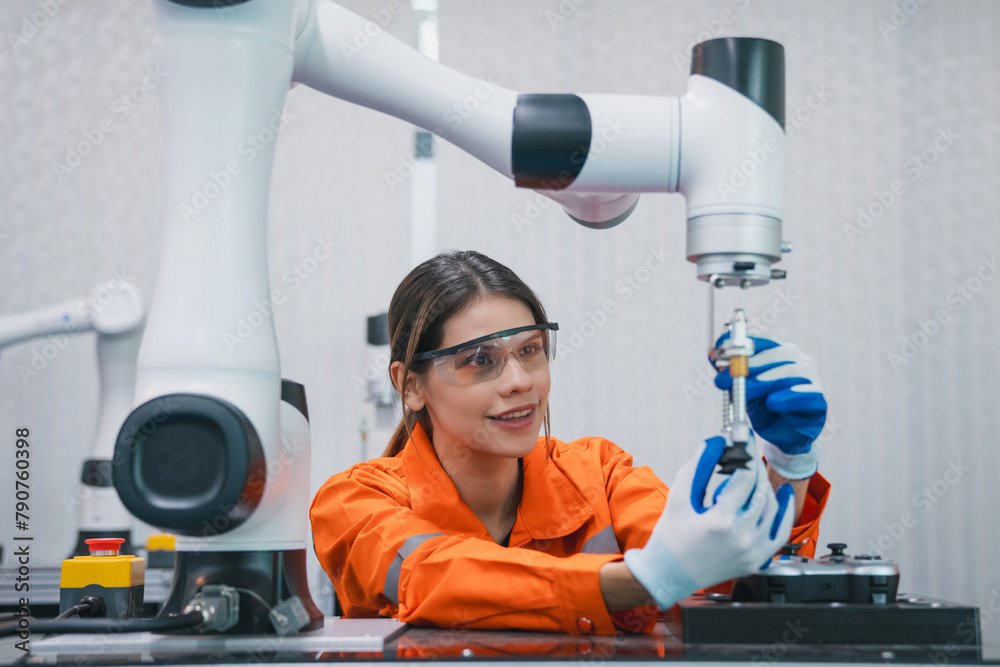 Engineering student assembling a robotic arm using a computer in a ...