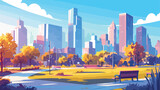 Cartoon illustration of a modern empty city park wi