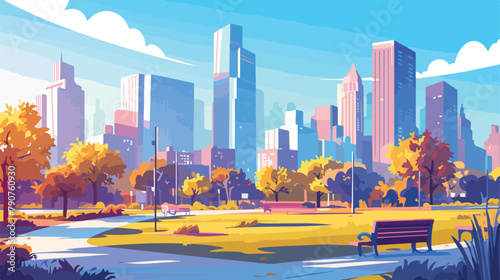Cartoon illustration of a modern empty city park wi photo