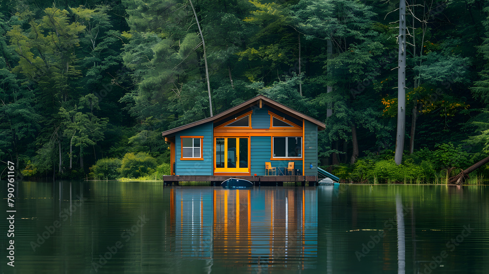 Obraz premium A tiny house, with a sparkling lake as the background, during a peaceful summer afternoon