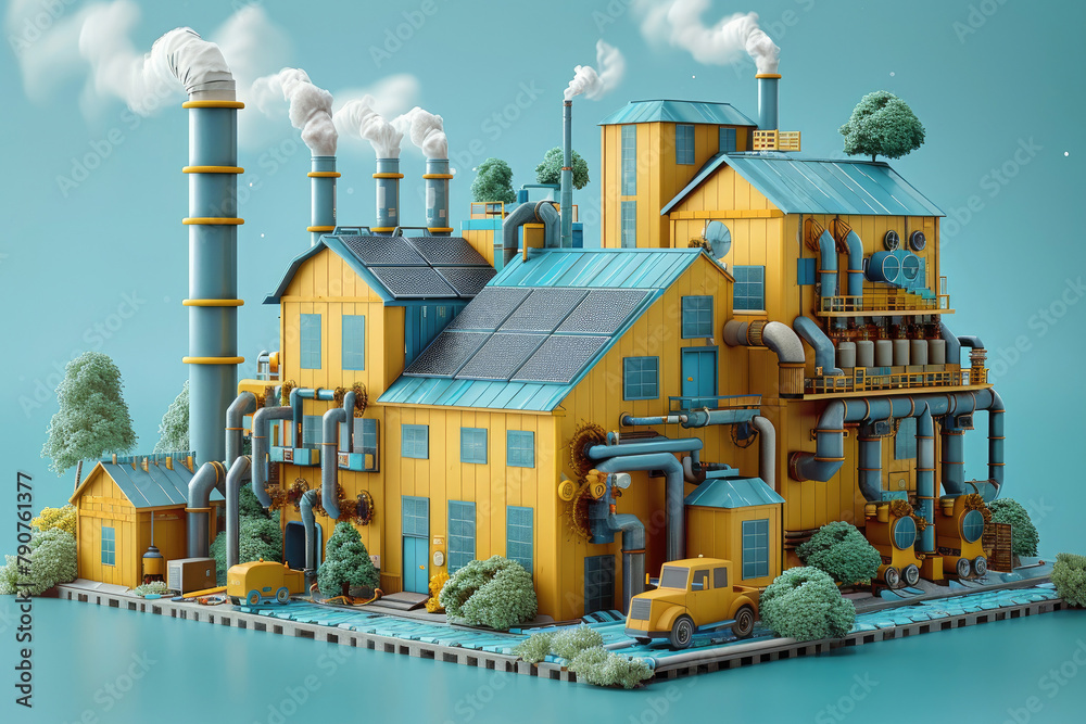 A 3D rendering of a yellow factory with blue accents and smoke coming out of the smokestacks.