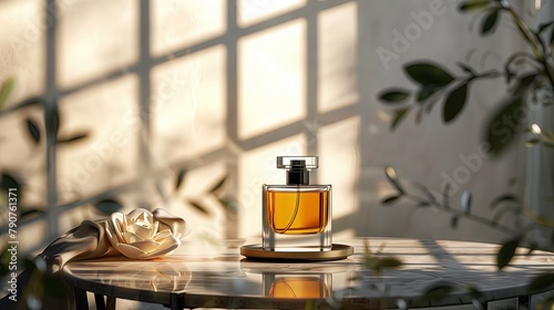 A perfume bottle is placed on the table. There is warm sunlight shining through. The room is bright with natural light, bright, and provides a luxurious interior design atmosphere.